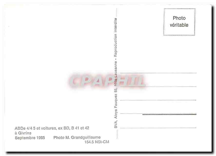 CPM ABDe 4/4 5 et voitures a Grivins Septembre 1985 — Verso