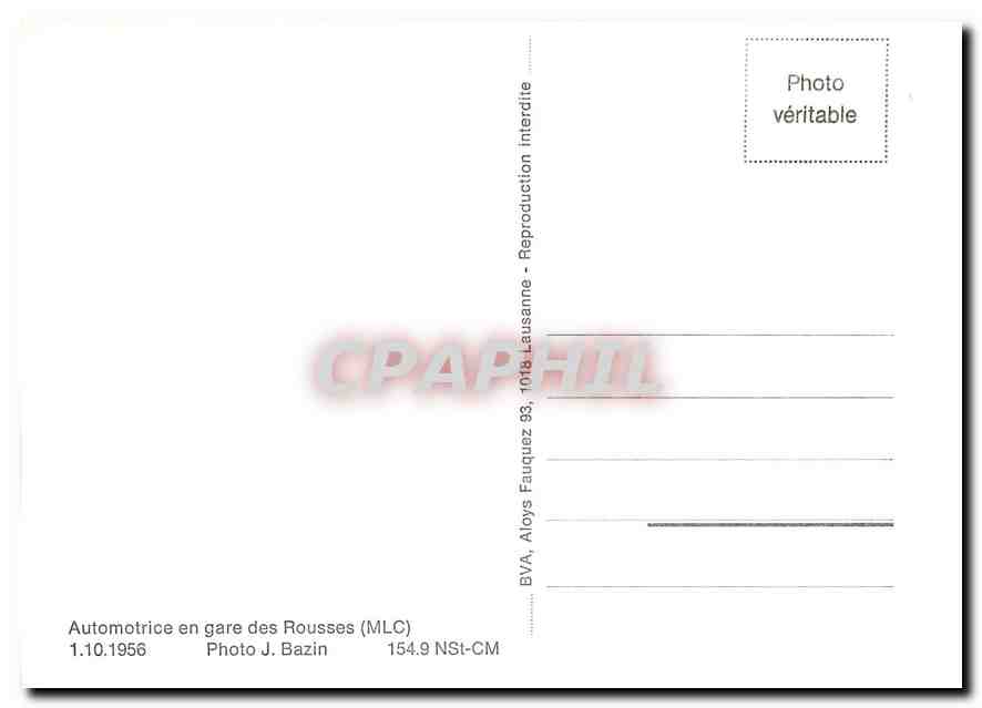 CPM Automotrice en gare des Rousses (MLC) 1.10.1956 — Verso