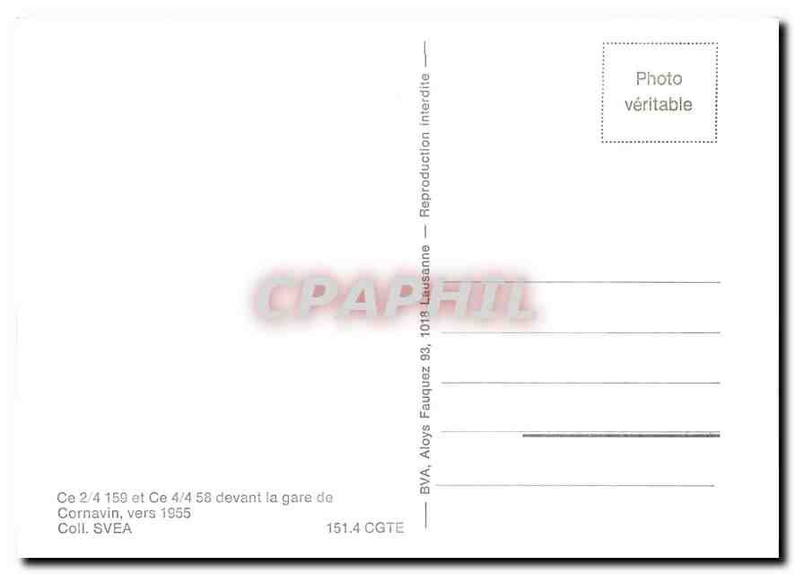 CPM Ce 2/4 159 et CE 4/4 58 devant la gare de Cornavin vers 1955 — Verso