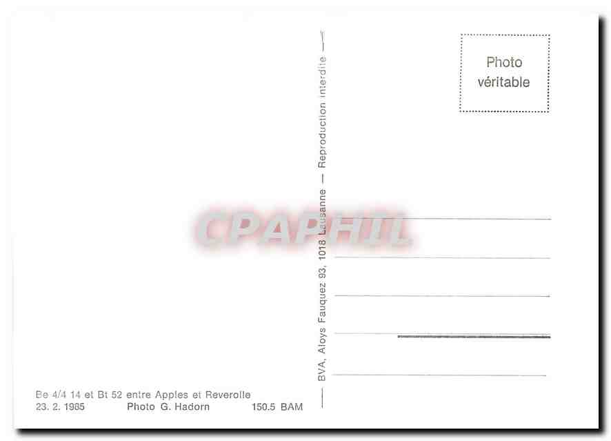 CPM Be 4/4 14 et Bt 52 entre Apples et Reverolle 23.2.1985 — Verso
