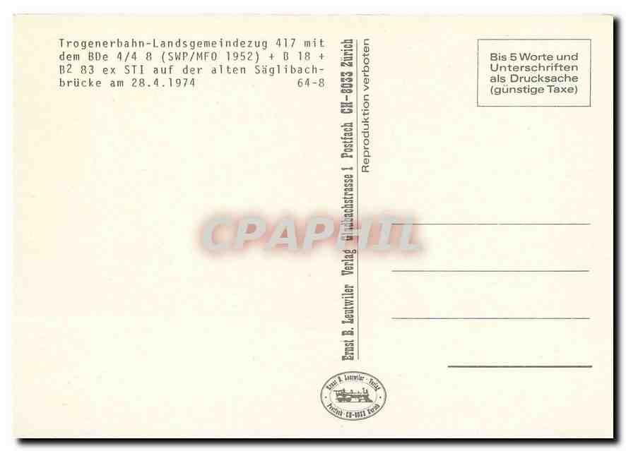 CPM Trogenerbahn-Landsgemeindezug 417 mit dem BDe 4/4 8 + B 18 + B2 83 ex STI auf der alten Saegliba — Verso