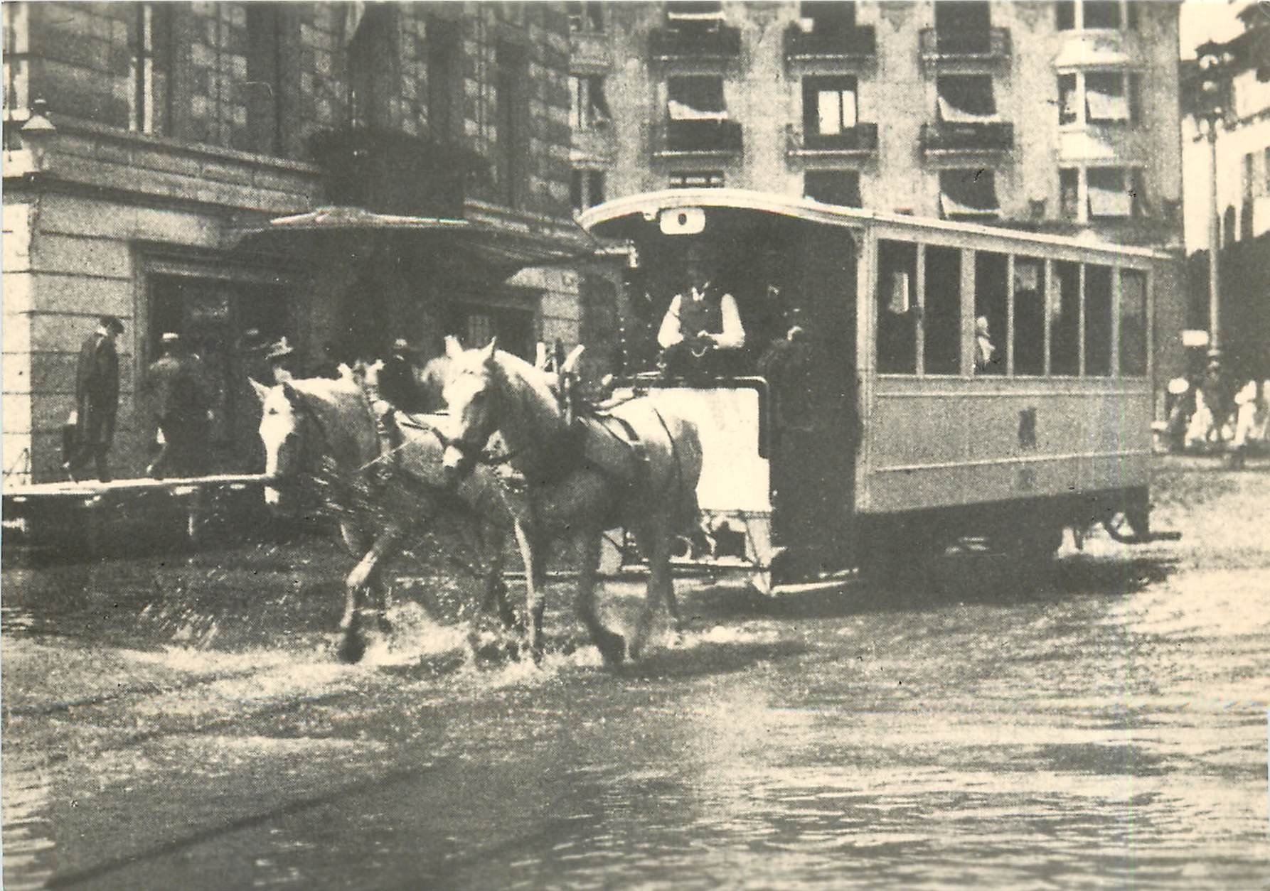 CPM Hochwasserbedingter Pferdebahnbetrieb in Luzern Juni 1910 mit dem C 50 ex Stansstad-Stans BCe 2/