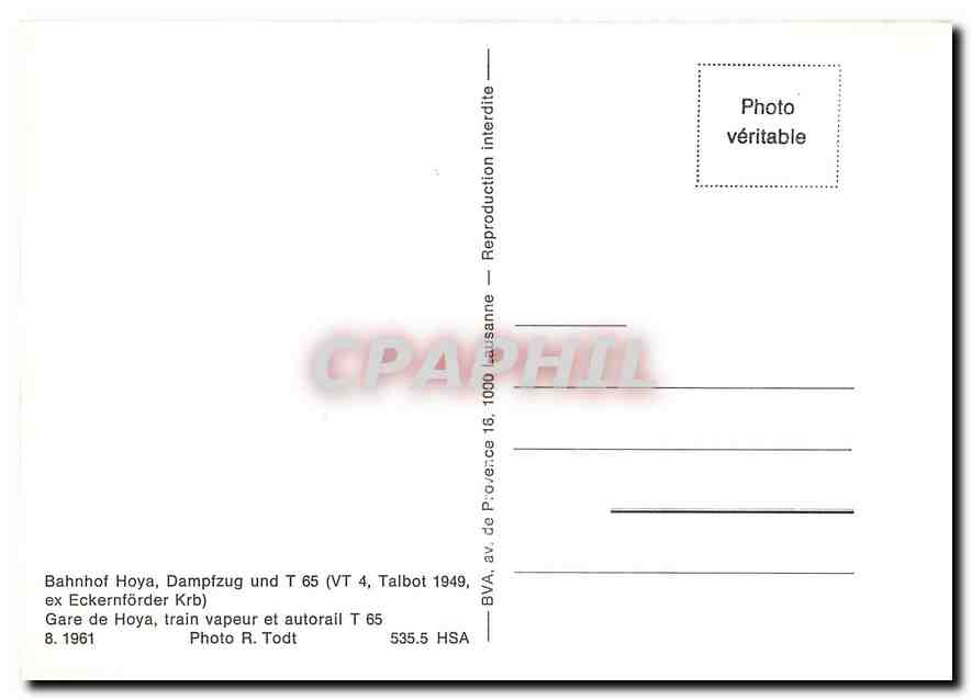 CPM Gare de Hoya train vapeur et autorail T65 8.1961 — Verso