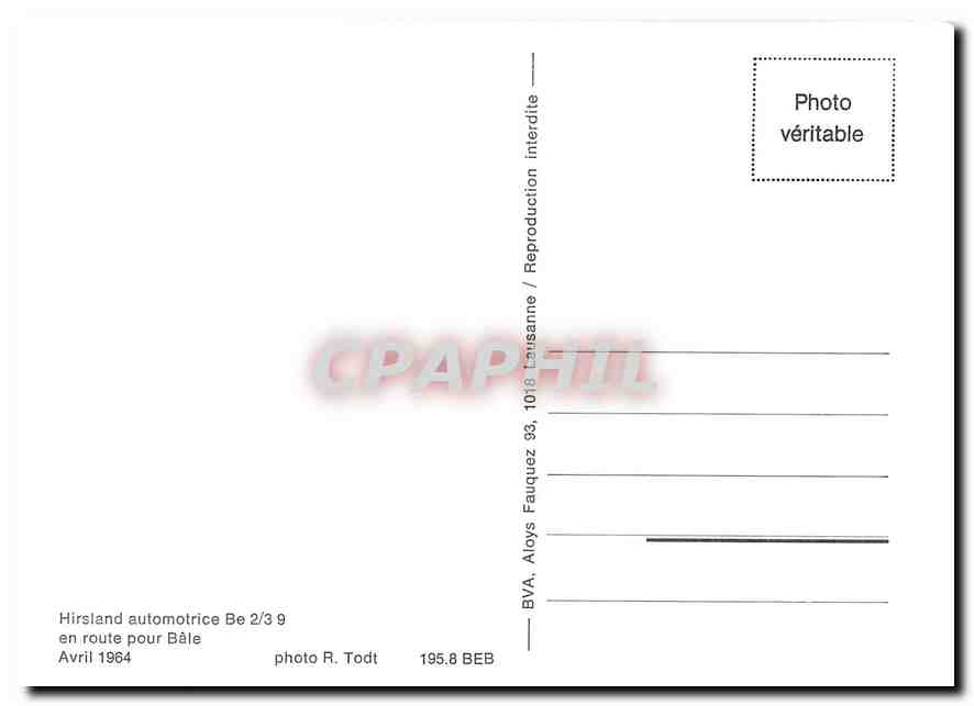 CPM Hirsland automotrice Be 2/3 9 en route pour Bale Avril 1964 — Verso