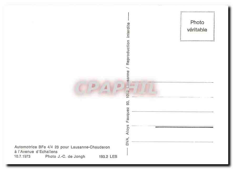 CPM Automotrice BFe 4/4 23 pour Lausanne-Chauderon a l'Avenue d'Echallens 10.7.1973 — Verso