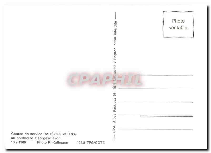 CPM Course de service Be 4/6 829 et B 309 au boulevard Georges-Favon 16.9.1989 — Verso