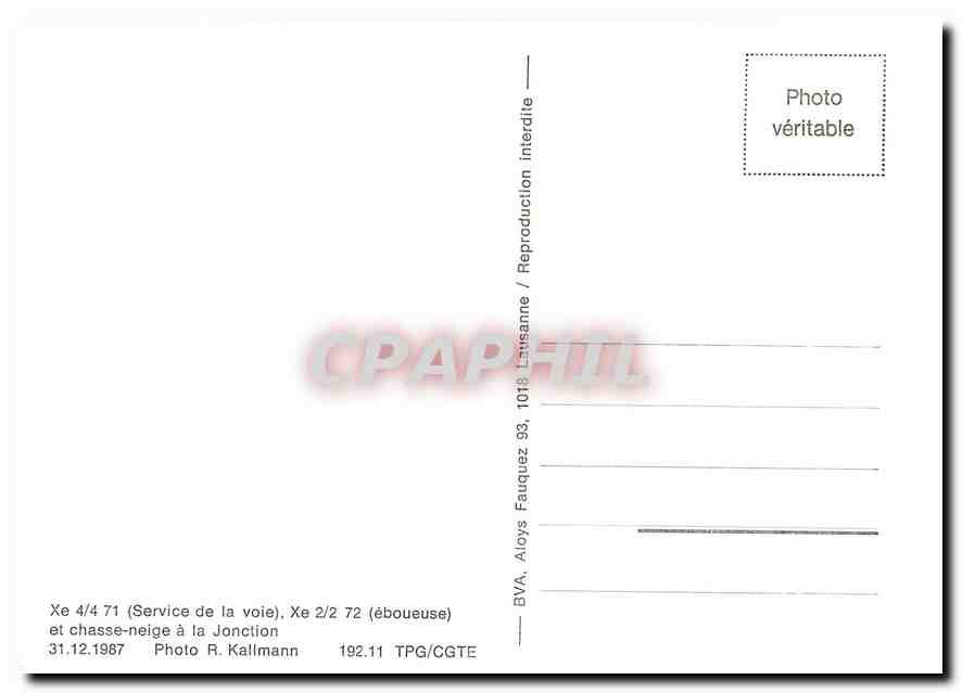 CPM Xe 4/4 71 Xe 2/2 72 et chasse-neige a la Jonction 31.12.1987 — Verso