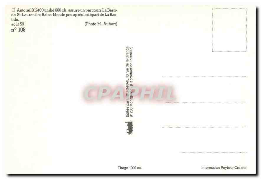 CPM Autorail X 2400 unifie 600 ch. aout 59 — Verso