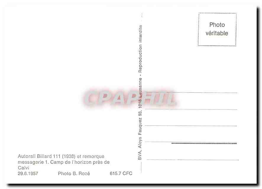 CPM Autorail Billard 111 (1938) et remorque messagerie 1. Camp de l'horizon pres de Calvi 29.6.1957 — Verso