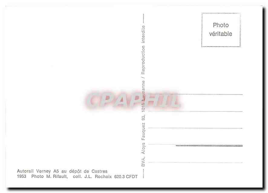 CPM Autorail Verney A5 au depot de Castres 1953 — Verso