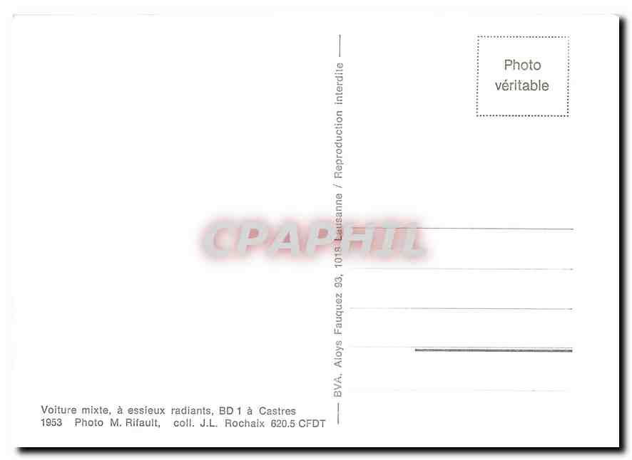 CPM voiture mixte a essieux radiants BD 1 a Castres 1953 — Verso