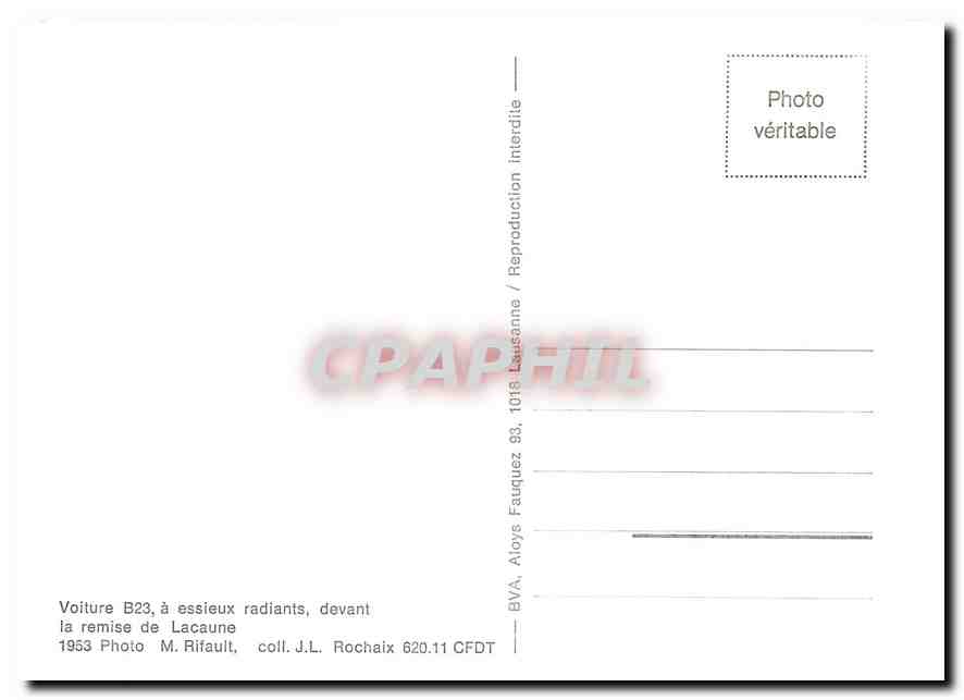 CPM Voiture B23 a essieux radiants devant la remise de Lacaune 1953 — Verso