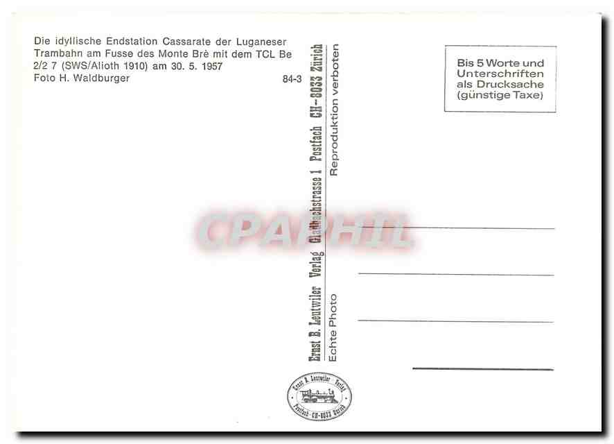 CPM Trambahn am fusse des monte Bre mit dem TCL Be 2/2 7 am 30.5.1957 — Verso