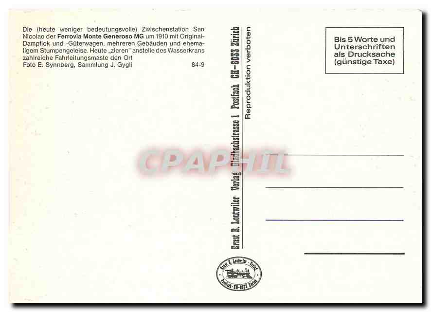 CPM Ferrovia Monte Generoso MG um 1910 mit Original-Dampflok und -Gueterwagen — Verso