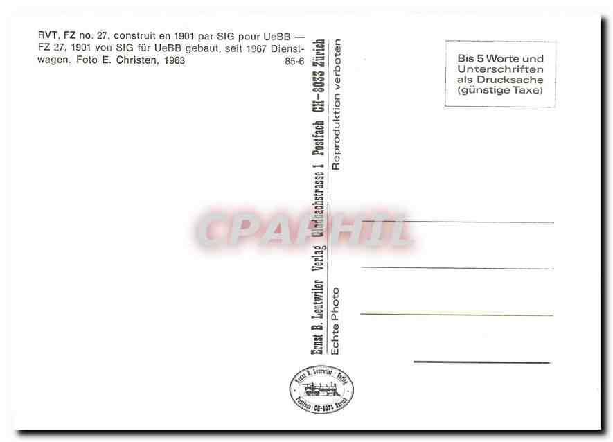 CPM RVT FZ No 27 construit en 1901 par SIG pour UeBB — Verso