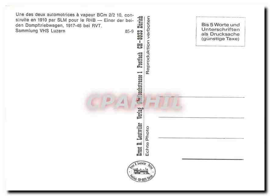CPM Une de deux automotrices a vapeur BCm 2/2 10 construite en 1910 par SLM pour le RHB — Verso