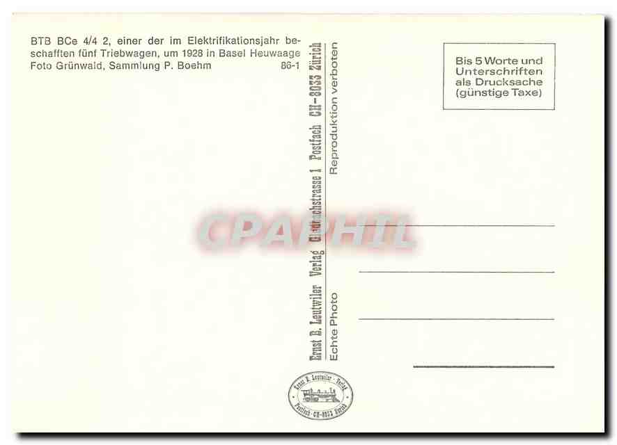 CPM BTB BCe 4/4 2 einer der im Elektrifikationsjahr beschafften fuenf Triebwagen um 1928 in Basel He — Verso