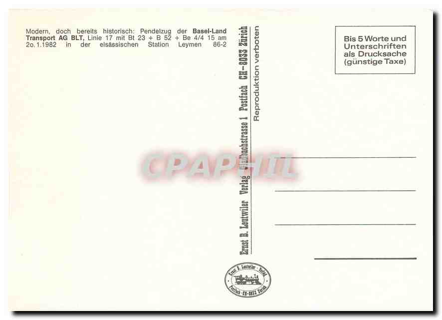 CPM Basel-Land Transport AG BLT Linie 17 mit BT 23 + B 52 + Be 4/4 15 am 20.1.1982 — Verso