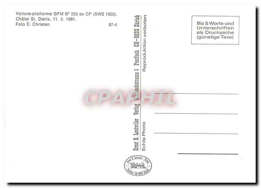 CPM Voiture-platforme GFM B2 223. Chatel St. Denis 11.5.1961 — Verso
