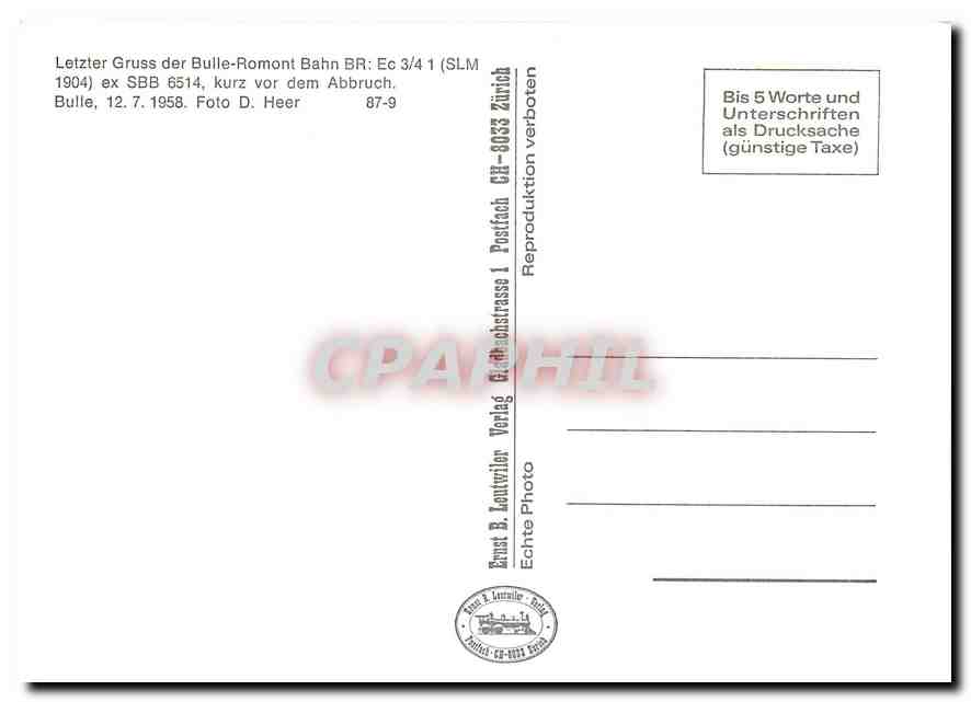 CPM Letzter Gruss der Bulle-Romont Bahn Br: Ec 3/4 1 — Verso