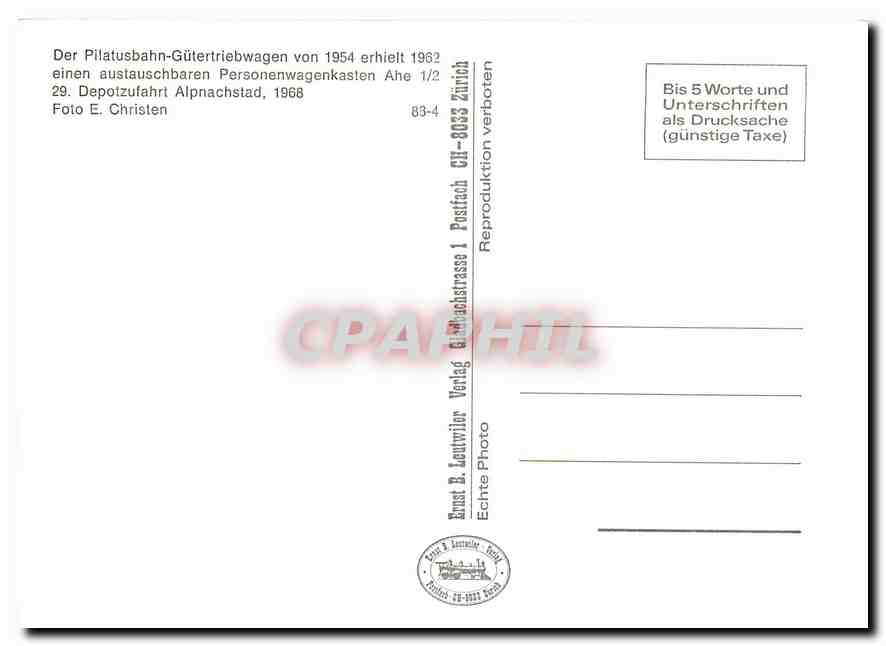 CPM Der Pilatusbahn-Guetertriebwagen von 1954 erhielft 1962 einen austauschbaren Personenwagen Ahe 1 — Verso