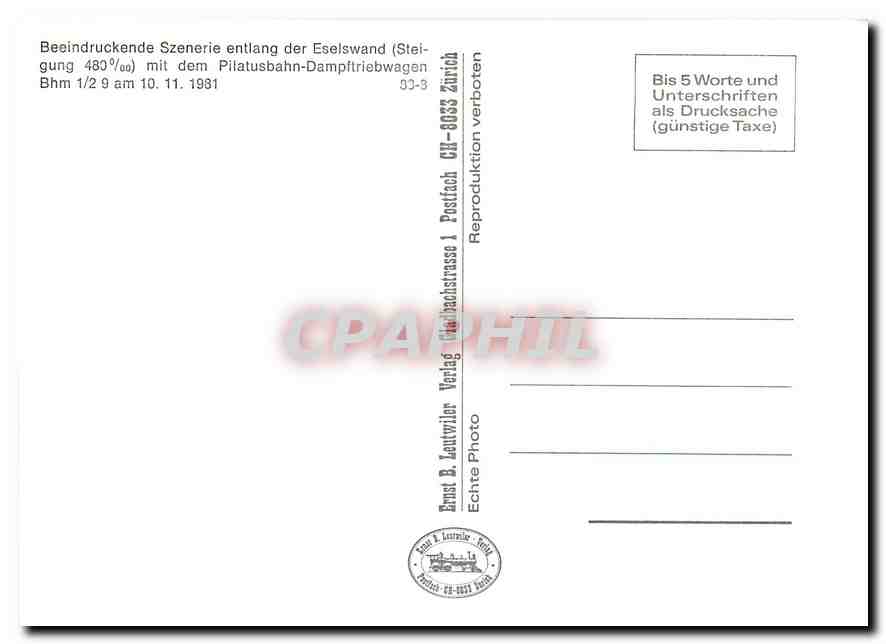 CPM Beeindruckende Szanerie entlang der Eselswand mit dem Pilatusbahn-Dampftriebwagen Bhm 1/2 9 am 1 — Verso