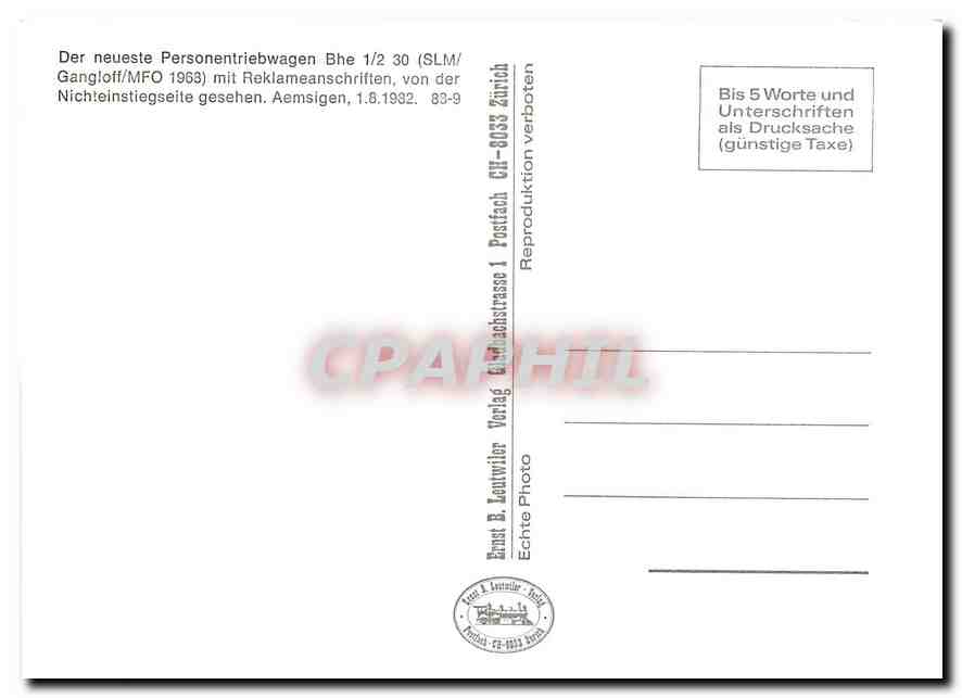 CPM Der neueste Personentriebwagen Bhe 1/2 30 mit Reklameanschriften von der Nichteinstiegseite gese — Verso