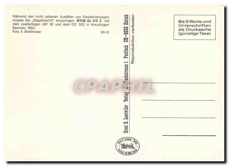 CPM Die 1962 vom SBB-DEpot Roschach auf die MThB uebersiedelle Eb 3/5 5829 — Verso