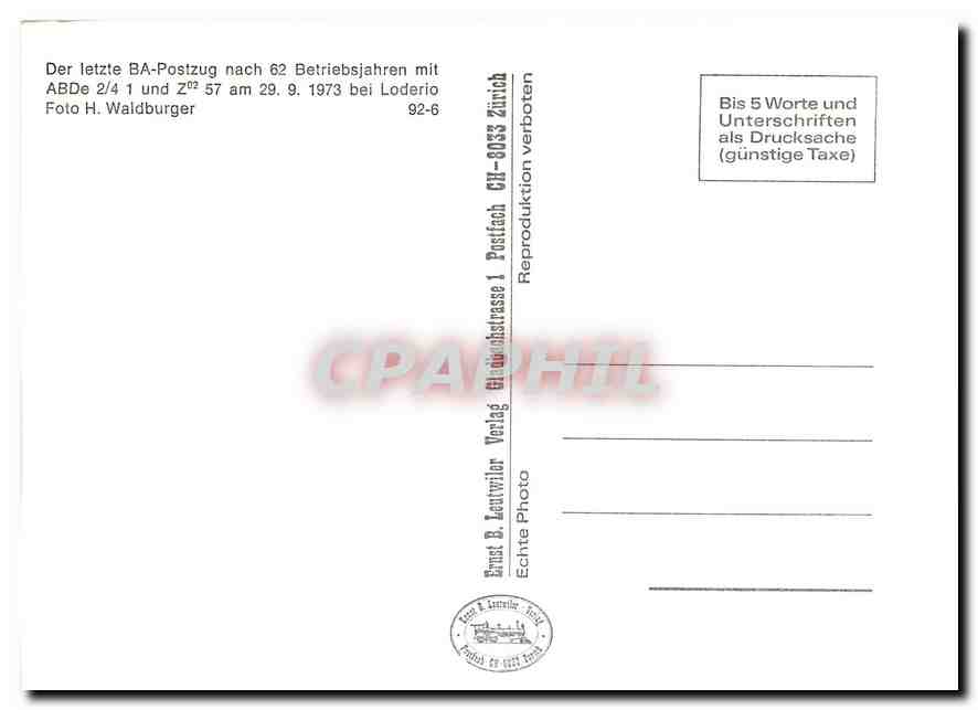 CPM Der letzte BA-Postzug nach 62 Betriebsjahren mit ABDe 2/4 1 und Z62 57 am 29.9.1973 — Verso