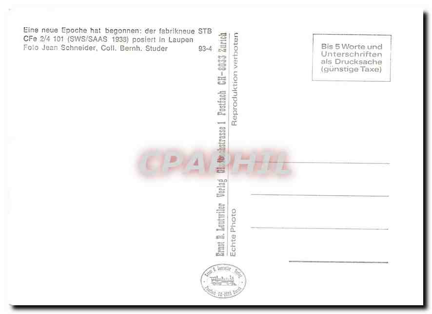 CPM Eine neue Epoche hat begonnen: der fabrikneue STB CFe 2/4 101 postert in Laupen — Verso