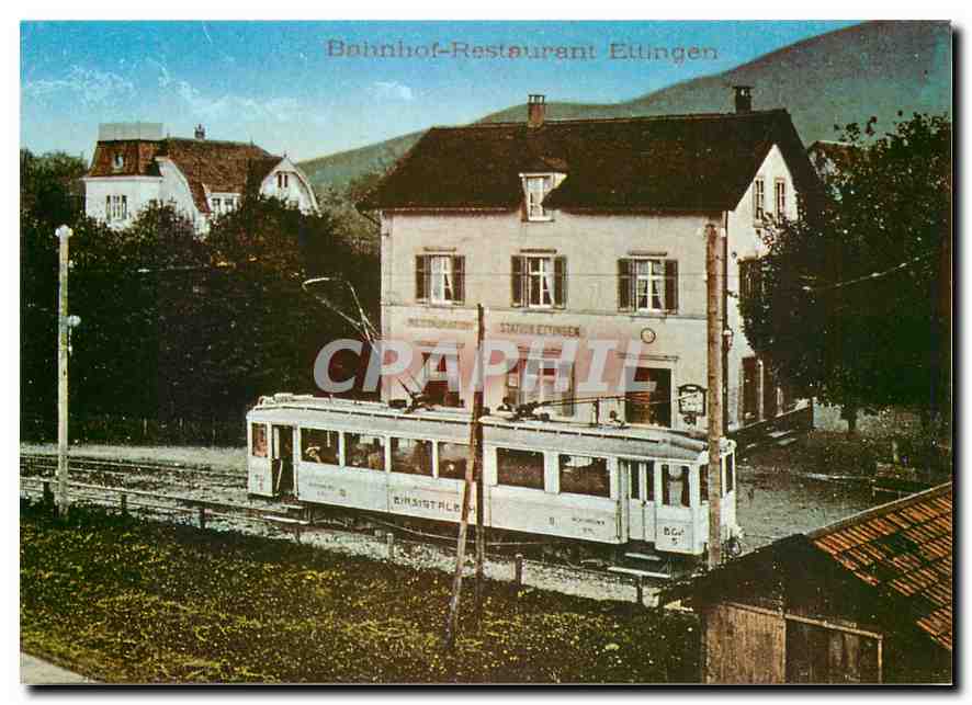 CPM Heute stark gewandelt: Station Ettingen um 1910 mit dem noch jugendlichen Birsigtalbahn-Motorwag
