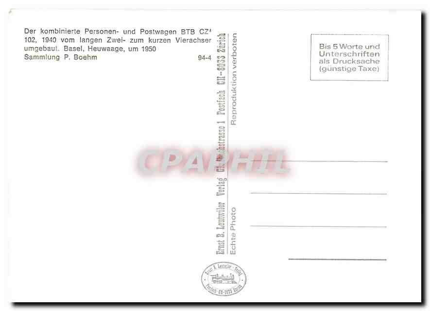 CPM Der kombinierte Personen- und Postwagen BTB CZ4 102 1940 vom langen Zwei- zum kurzen Vierachser  — Verso