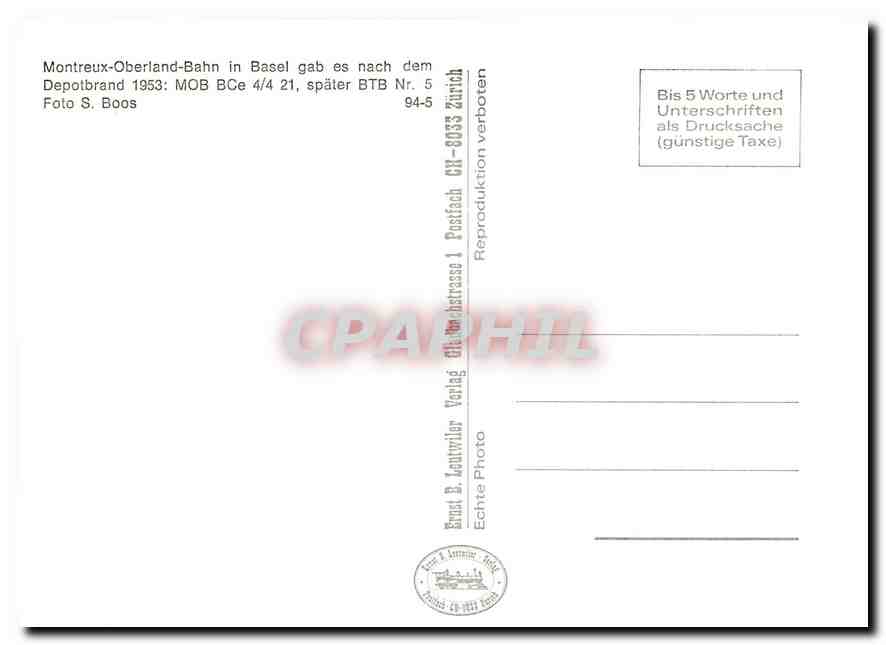 CPM Montreux-Oberland-Bahn in Basel gab es nach dem Depotbrand 1953: MOB BCe 4/4 21 spaeeter BTB Nr. — Verso