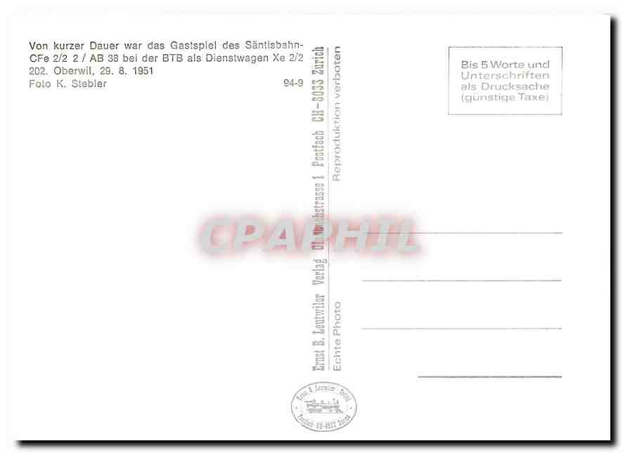 CPM Von kurzer Dauer war das Gastspiel des Saentisbahn CFe 2/2 2 / AB 33 bei der BTB als Dienstwagen — Verso