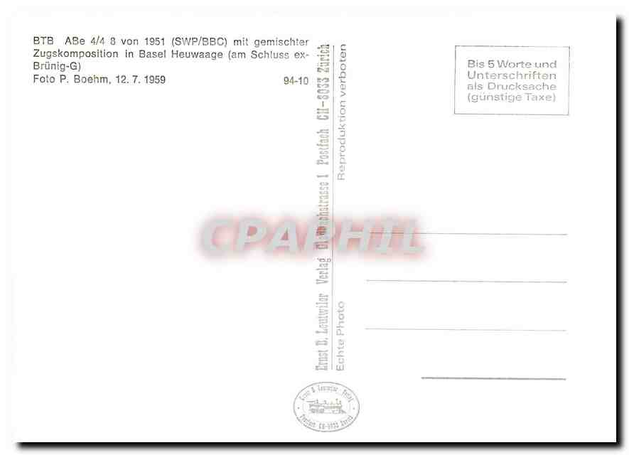 CPM BTB ABe 4/4 8 von 1951 mit gemischter Zugskomposition in Basel Heuwaage — Verso