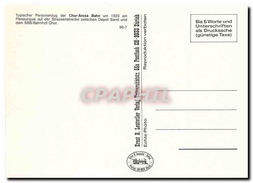 CPM Typischer Personenzug der Chur-Arosa ahn um 1920 — Verso