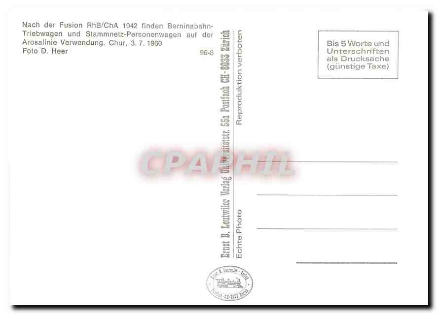 CPM Nach der Fusion RhB/ChA 1942 finden Berninabahn-Triebwagen und Stammnetz-Personenwagen auf der A — Verso