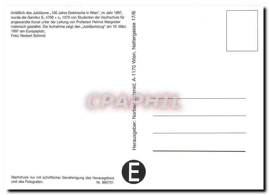 CPM Anlasslish des Jubilanaum  1àà Jahre Elektrisch in Wien — Verso