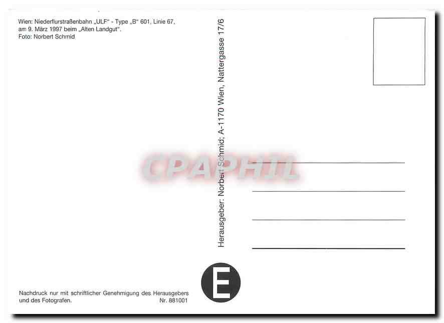 CPM Wien  Niederflurstrassenbahn ULF Type B 601  Line 67 — Verso