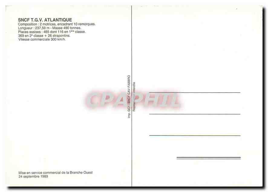 CPM SNCF T.G.V. ATLANTIQUE — Verso