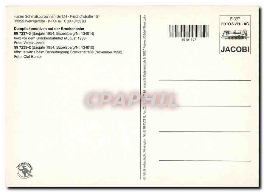 CPM Harzer Schmalspurbahnen GmbH - Friedrichsteasse 151 38855 Wernigerode  — Verso