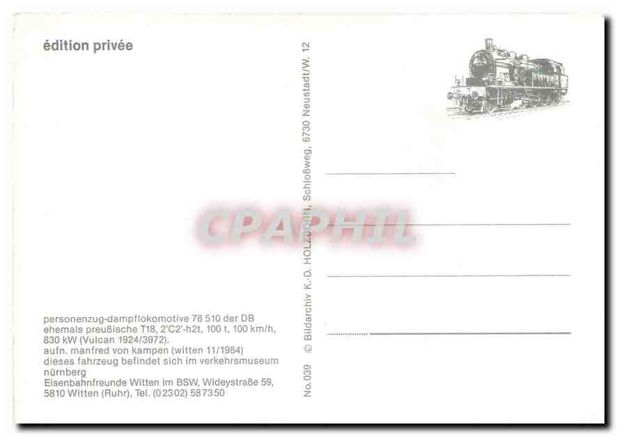 CPM personenzug-dampflokomotive 78 510 der DB ehemals preussische T18 — Verso