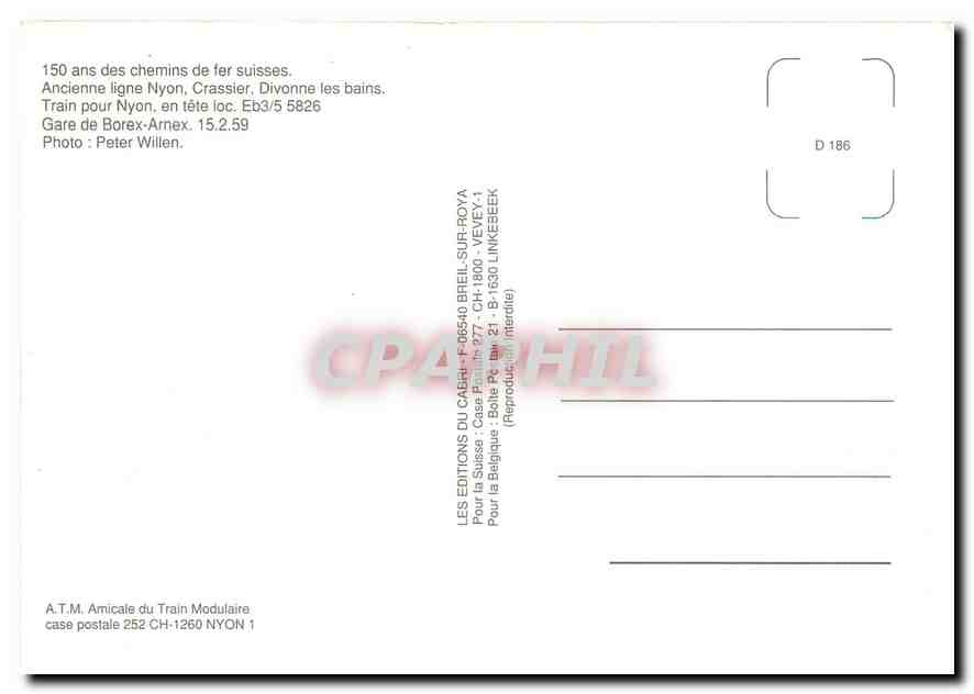 CPM Train pour Nyon en tête loc Eb3/5 5826 — Verso