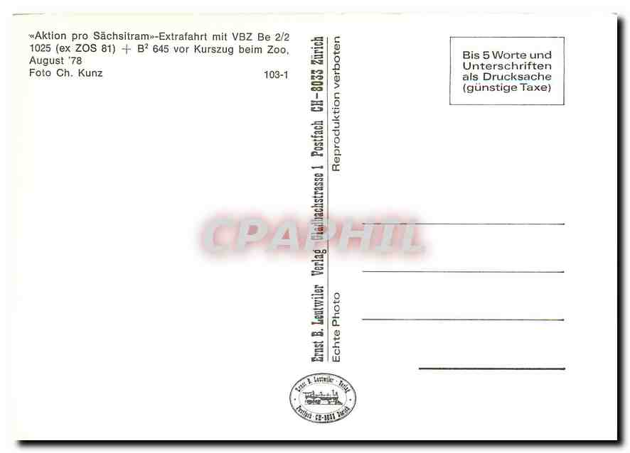 CPM Aktion Pro Sachsitram Extrafahrt mit VBZ Be 2/2 1025 — Verso