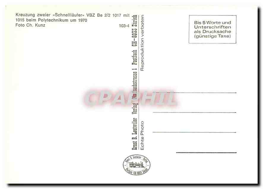 CPM Kreuzung zweier Schneillaufer VBZ Be 2/2 1017 mit 1015 beim Polytechnikum um 1070 — Verso