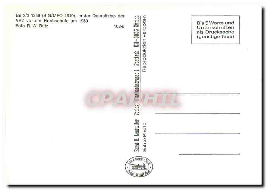 CPM Be 2/2 1259 (SIG/MFO 1919) erster Quersitztyp der VBZ vor der Hochschule um 1960 — Verso