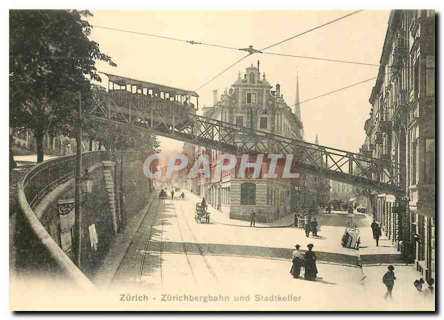 CPM Die Zurichbergbahn (heute Polybahn) mit offenem Wagen auf der Eisenbrucke uber dem schmaien Seil
