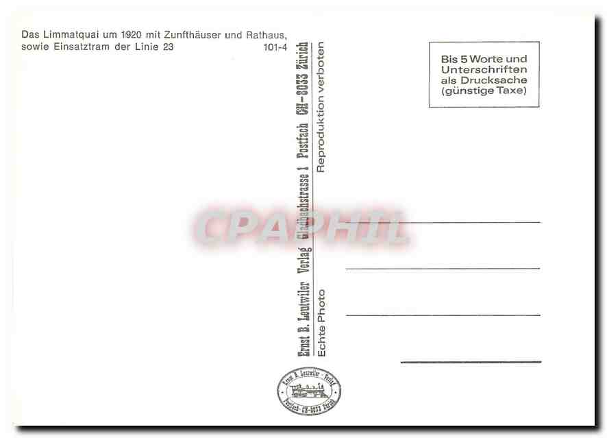 CPM Das Limmatquai um 1920 mit Zunfthauser und Rathaus sowie Einsatztram der Line 23 — Verso
