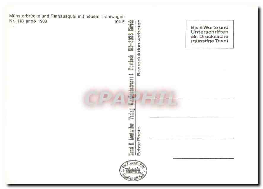 CPM Munsterbrucke und Rathausquai mit neuem Tramwagen Nr 113 anno 1903 — Verso