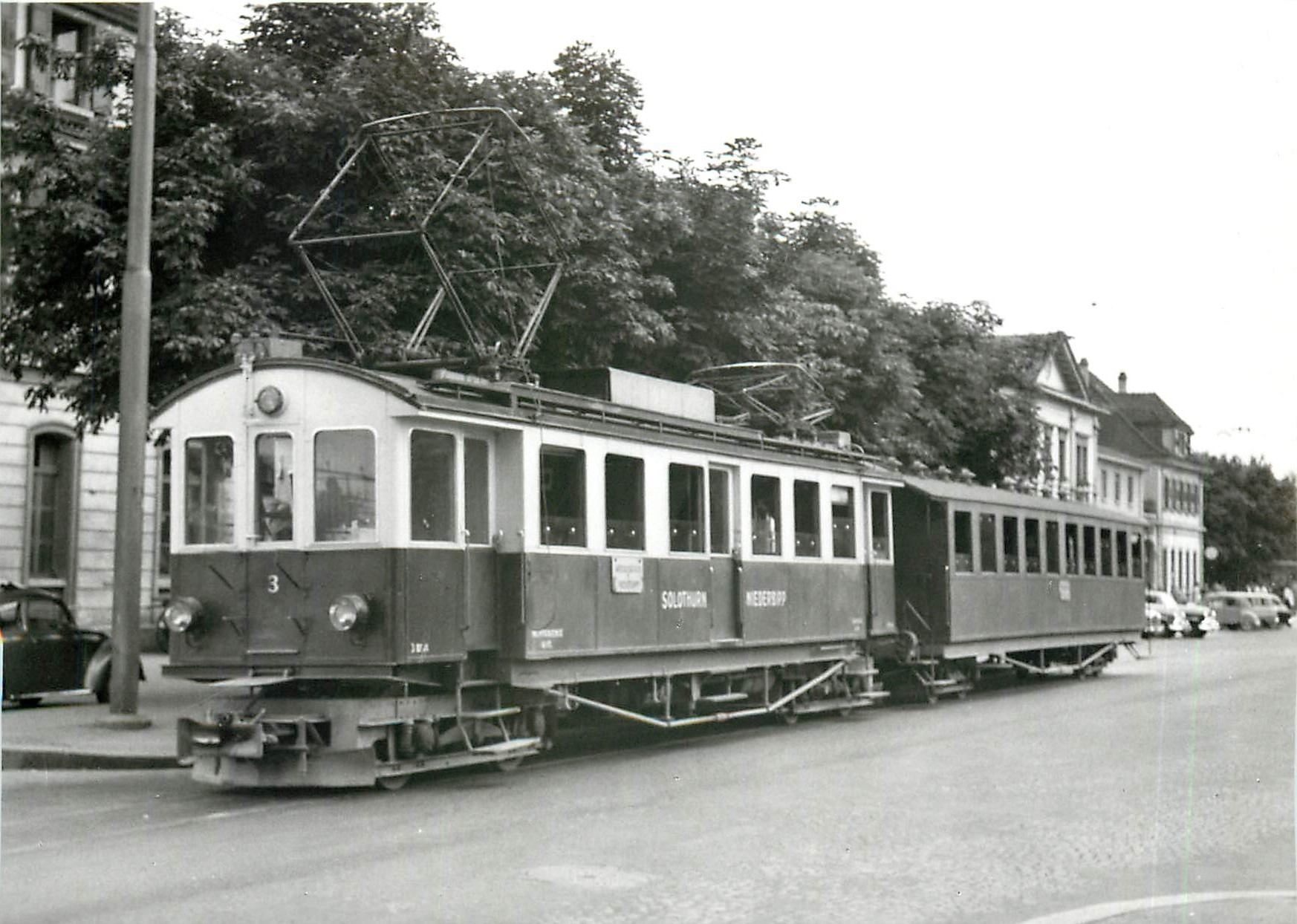 CPM Zug der Solthurn-Niederbipp Bahn 1957 an der alten Endhaltestelle Solothurn HB: Bfe 4/4 3 (SWS/B